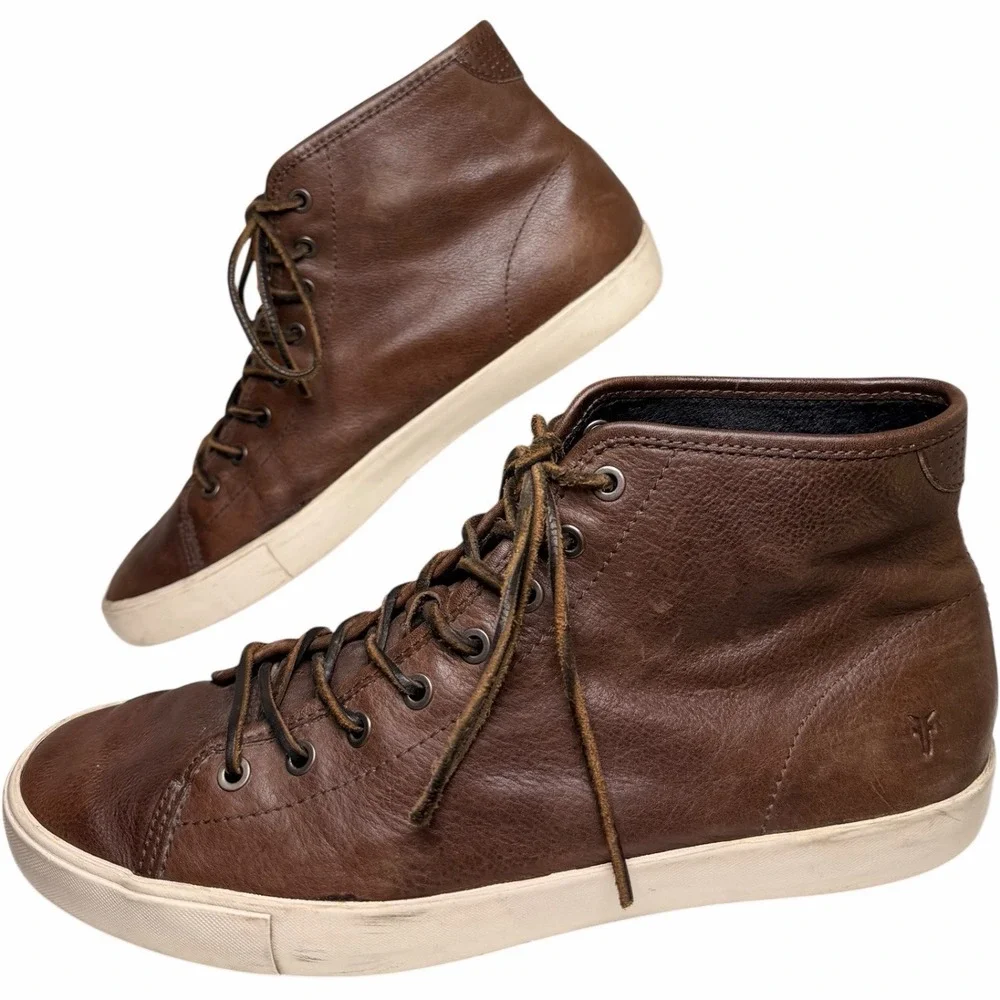 Frye Brett High Top Leather Sneakers Brown Lace Up Casual Mens 10.5 Minimalist - Picture 2 of 14
